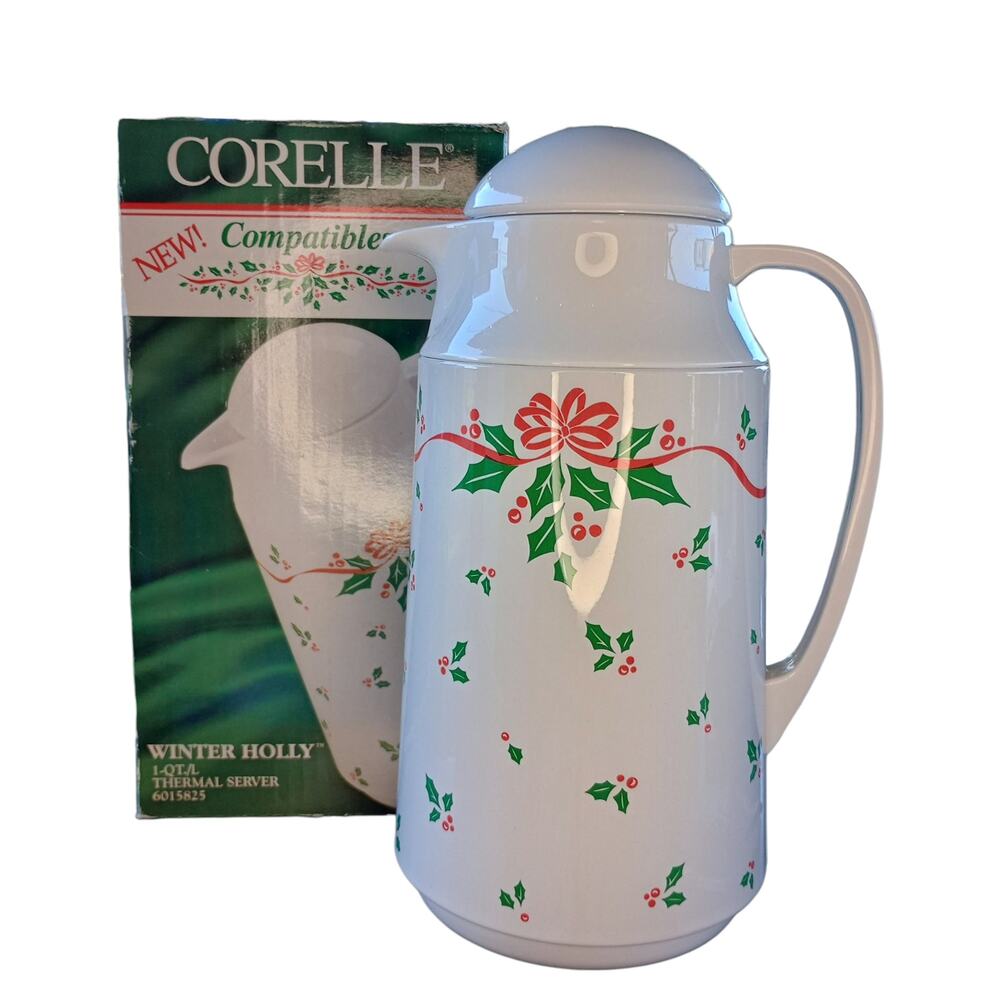 VTG 1992 Corelle Compatibles Winter Holly 1 Quart Thermal Server Coffee Carafe